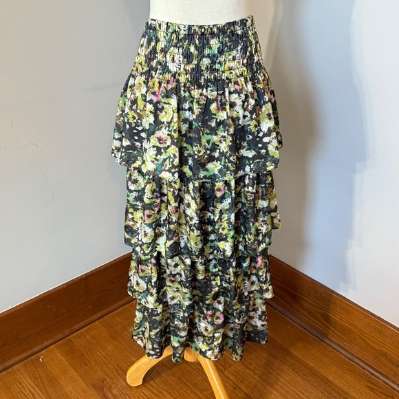 INDUSTRY Floral Tiered Maxi Skirt Smocked Waist Bohemian Cottagecore Medium - Picture 5 of 7